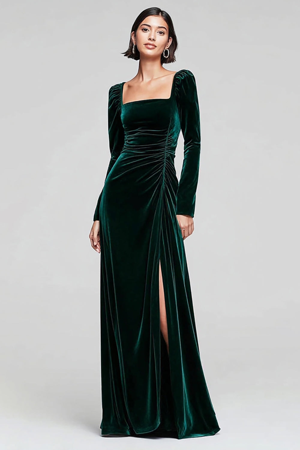 Dark Green Velvet Sheath Long Sleeve Formal Dress With Slit