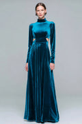 Peacock Blue A-Line Cut Out Maxi Holiday Dress With Long Sleeves