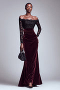 Black and Burgundy Velvet Off The Shoulder Lace Mermaid Formal Dress