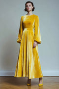 Yellow Velvet A-Line Holiday Dress with Long Sleeves