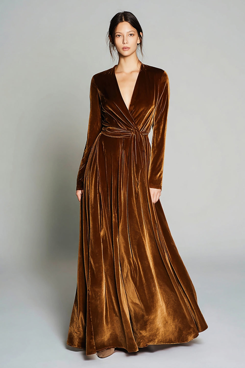 Brown Velvet A-Line V-Neck Long Sleeve Holiday Dress