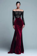 Black and Burgundy Off The Shoulder Mermaid Velvet Formal Dress With Slit