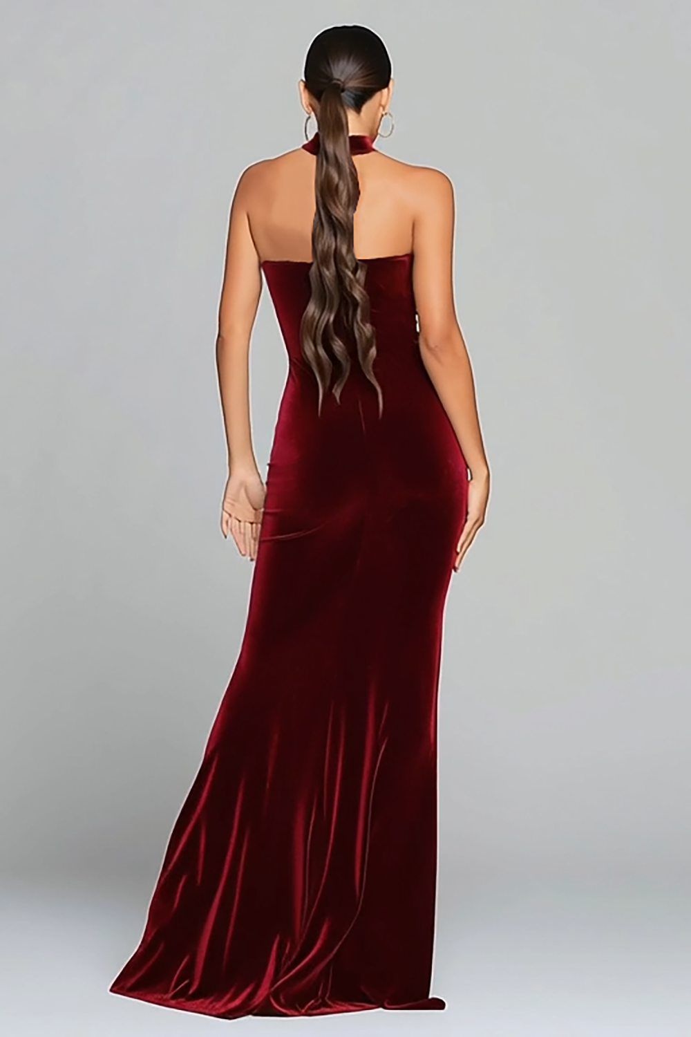 Burgundy Velvet Halter Mermaid Formal Dress With Slit