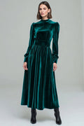 Peacock Green A-Line Velvet Holiday Party Dress With Long Sleeves