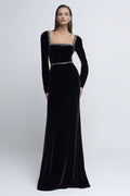 Velvet Long Sleeve Black Tie Dress with Beading