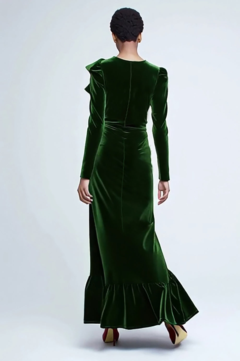 Green Velvet Long Sleeve Sheath Holiday Dress with Ruffles