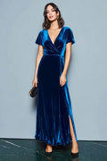 Dark Blue A-Line Velvet Holiday Party Dress With Slit