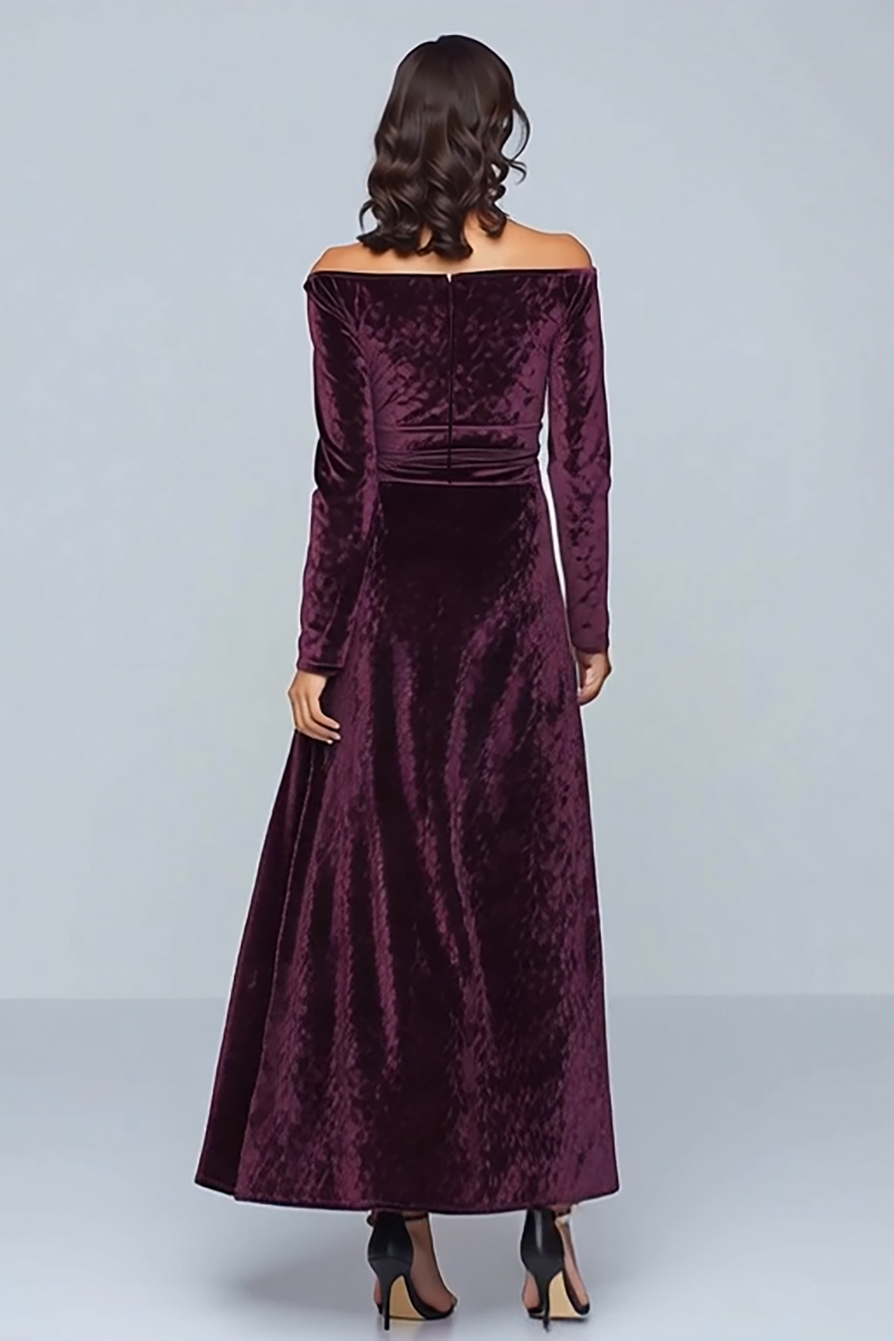 Off The Shoulder Velvet A-Line Purple Formal Dress with Long Sleeves