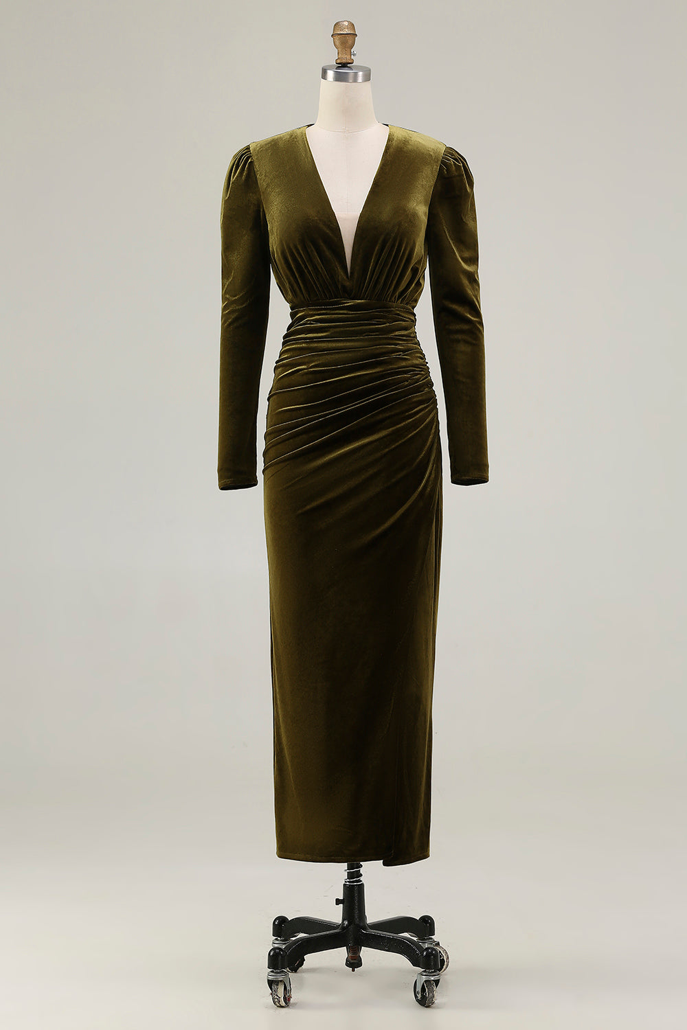Olive Velvet Ruched Sheath Formal Dress with Long Sleeves