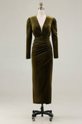 Olive Velvet Ruched Sheath Formal Dress with Long Sleeves