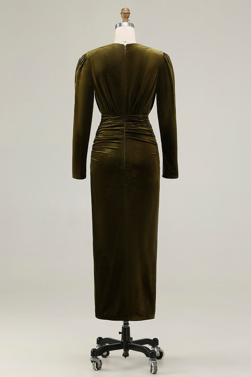 Olive Velvet Ruched Sheath Formal Dress with Long Sleeves