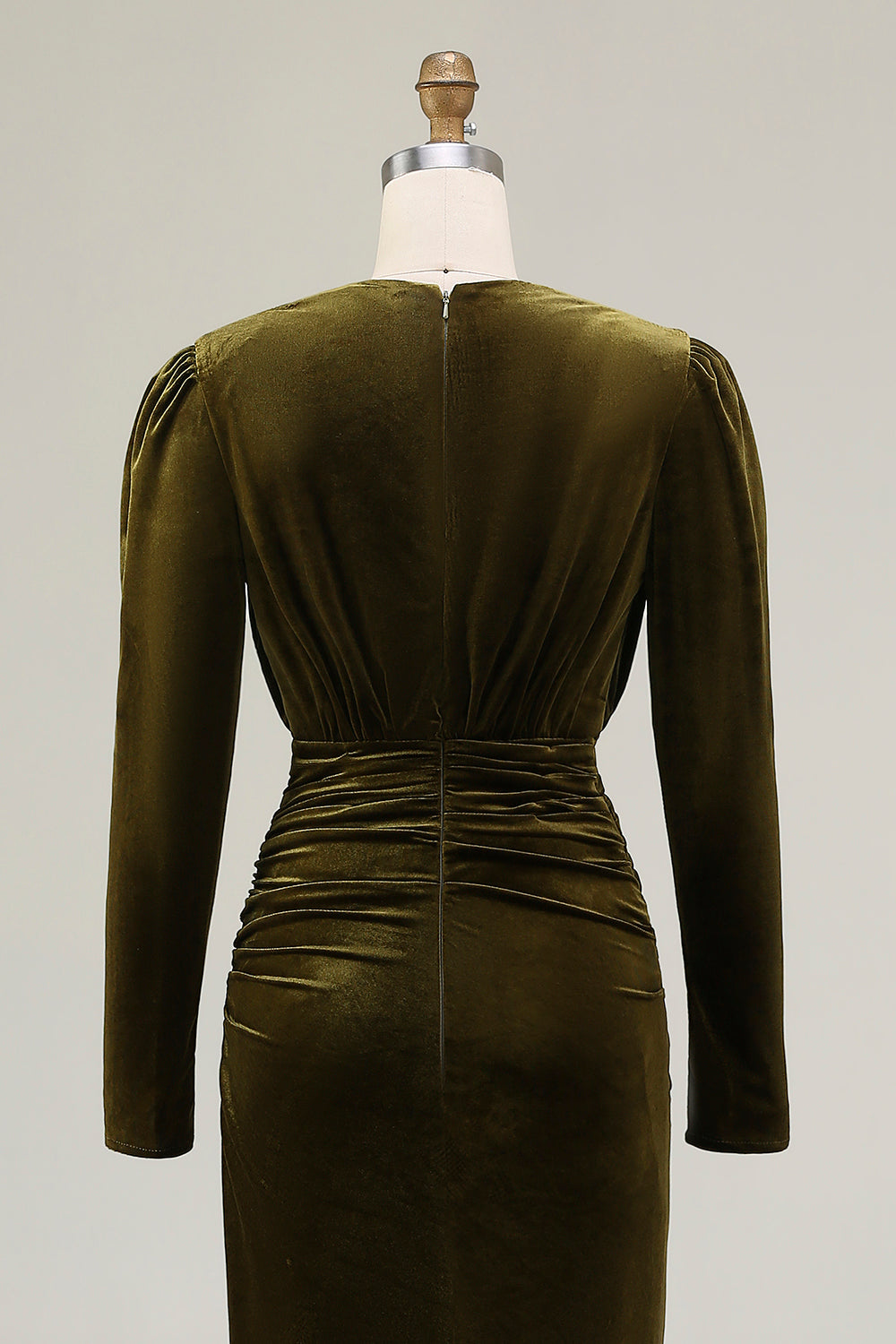 Olive Velvet Ruched Sheath Formal Dress with Long Sleeves