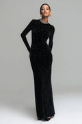Black Velvet Sheath Beaded Formal Dress With Long Sleeves