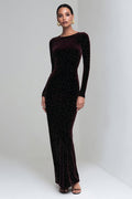 Velvet Beaded Sheath Long Sleeve Coffee Formal Dress