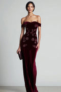 Burgundy Off The Shoulder Velvet Formal Dress with Beading