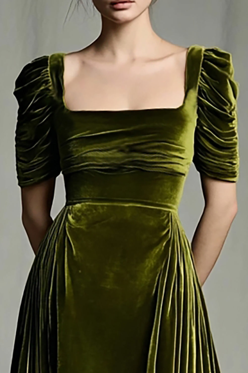 Velvet A-Line Olive Ruched Maxi Holiday Dress