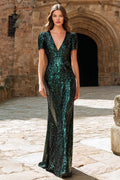 Dark Green V-Neck Sequined Evening Dress with Short Sleeves