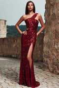 Sparkly Red One Shoulder Sheath Maxi Evening Dress With Slit