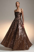 Brown Strapless Sequined A-Line Maxi Gala Dress