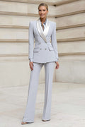 Light Grey Shawl Lapel 2 Piece Double Breasted Slim Fit Women Suits