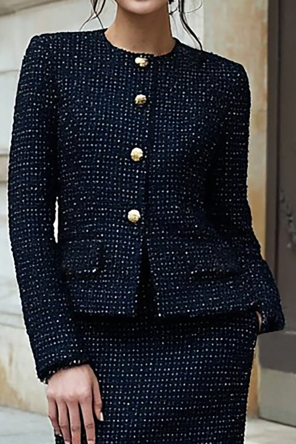 Black Mix Pencil 2 Piece Single Breasted Tweed Work Dress
