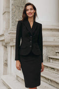 2 Piece Black Peak Lapel Pencil Single Breasted Work Dress
