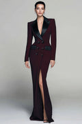 Burgundy Peak Lapel Double Breasted Blazer Dress With Slit