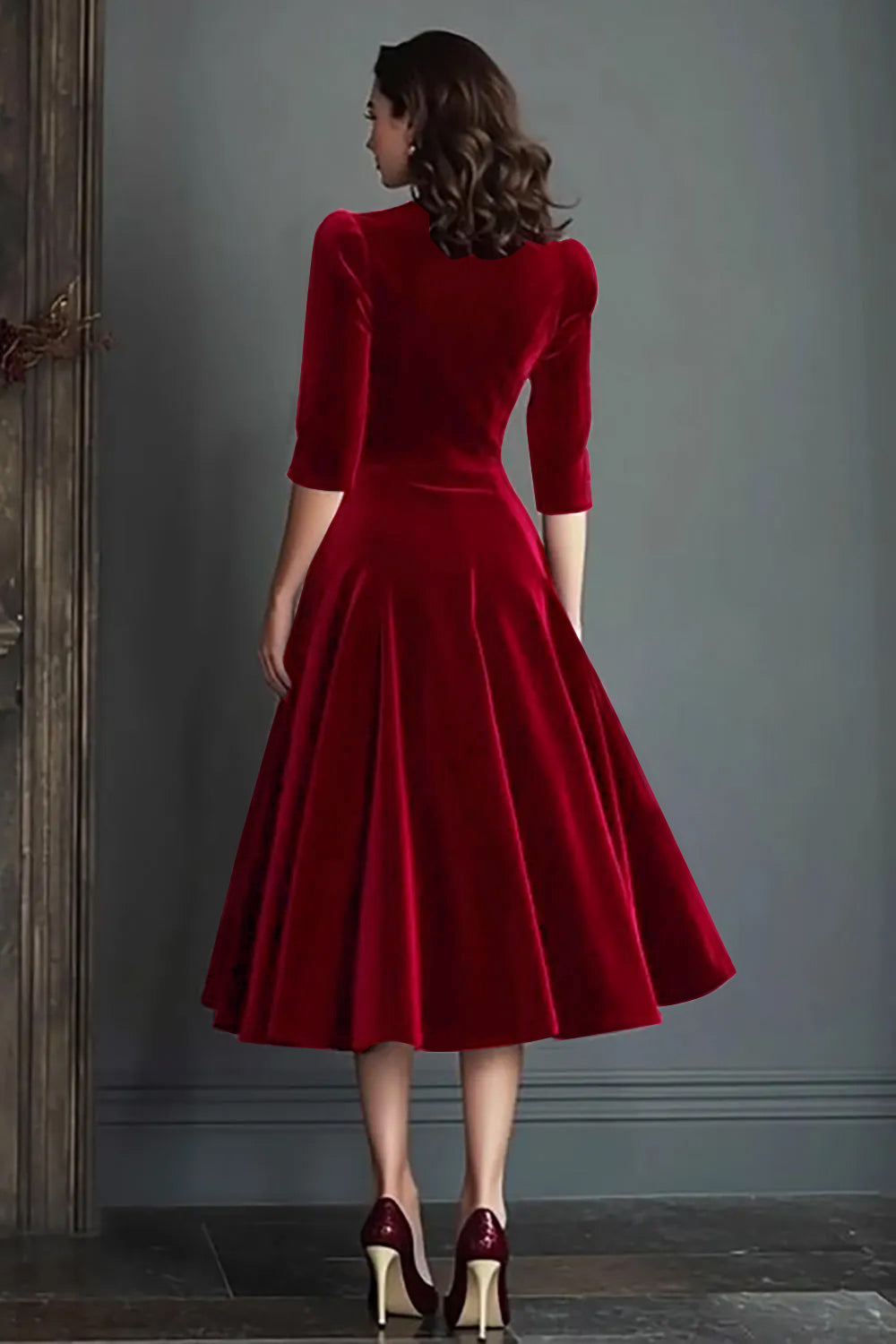 Burgundy Velvet A-Line V-Neck Midi Dress with Half Sleeves