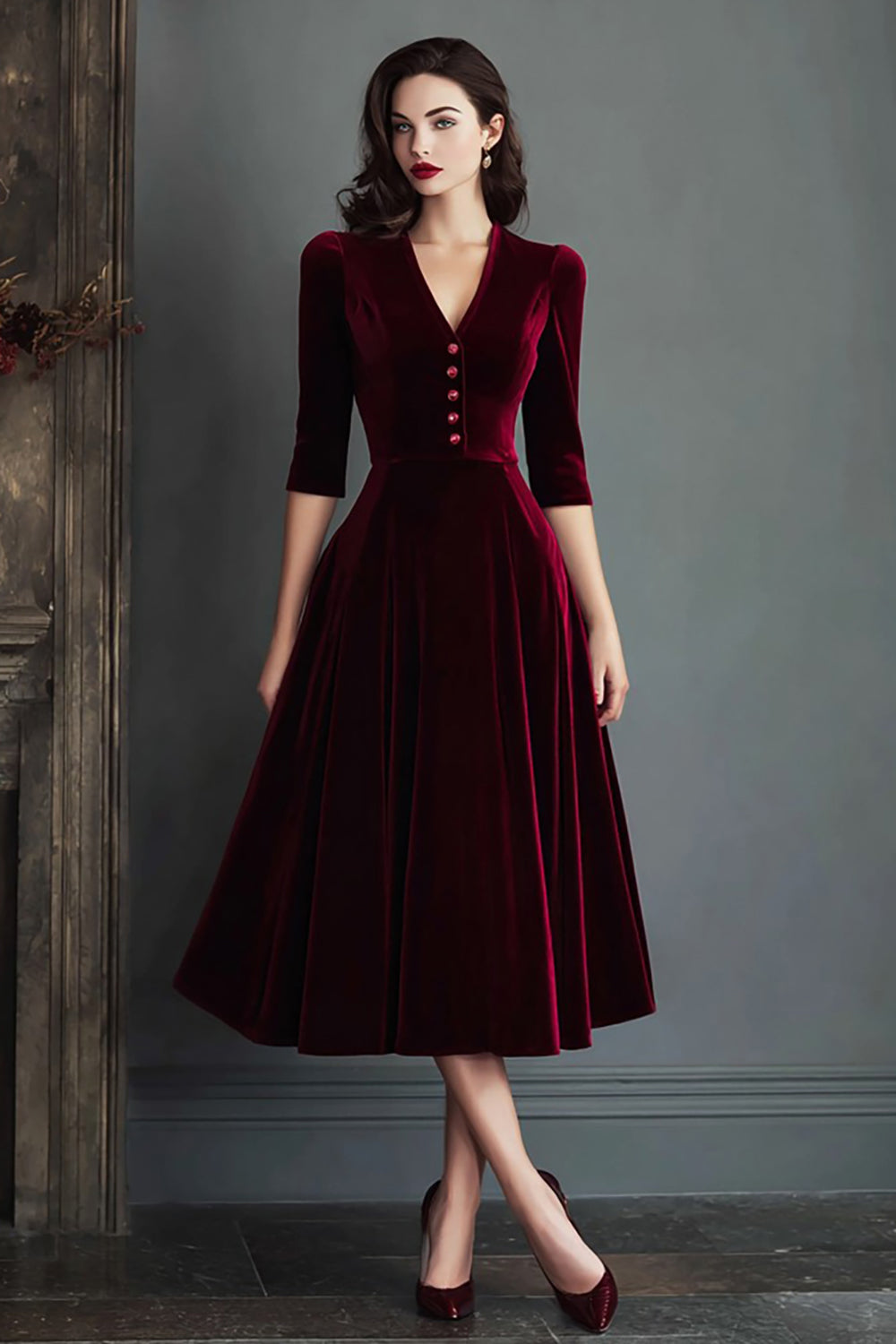 Burgundy A-Line V-Neck Midi Velvet Dress with Half Sleeves