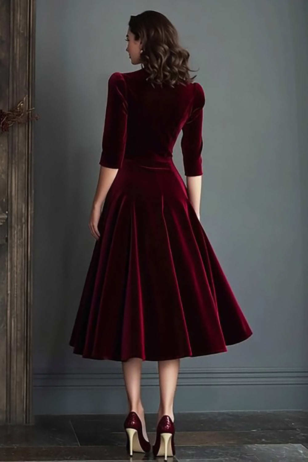 Burgundy A-Line V-Neck Midi Velvet Dress with Half Sleeves