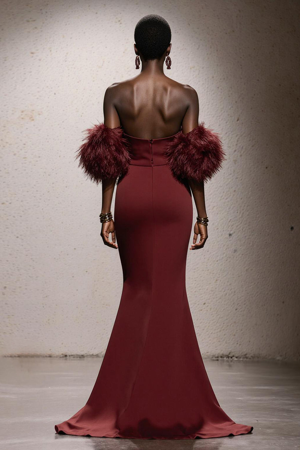Burgundy Strapless Mermaid Maxi Gala Dress With Feathers