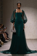 Dark Green A-Line Maxi Gala Dress With Puff Sleeves