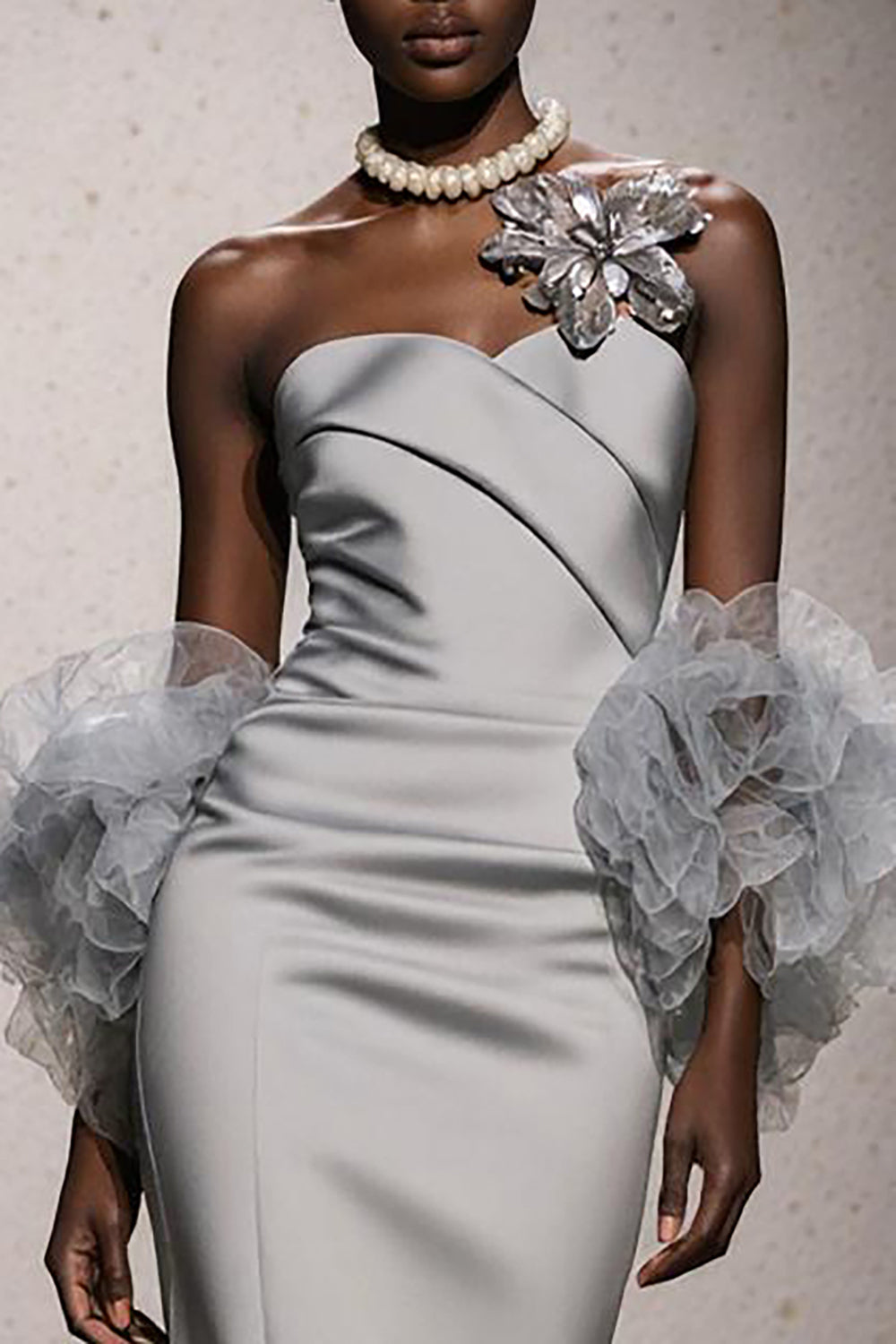 Silver Mermaid Satin Strapless Long Gala Dress