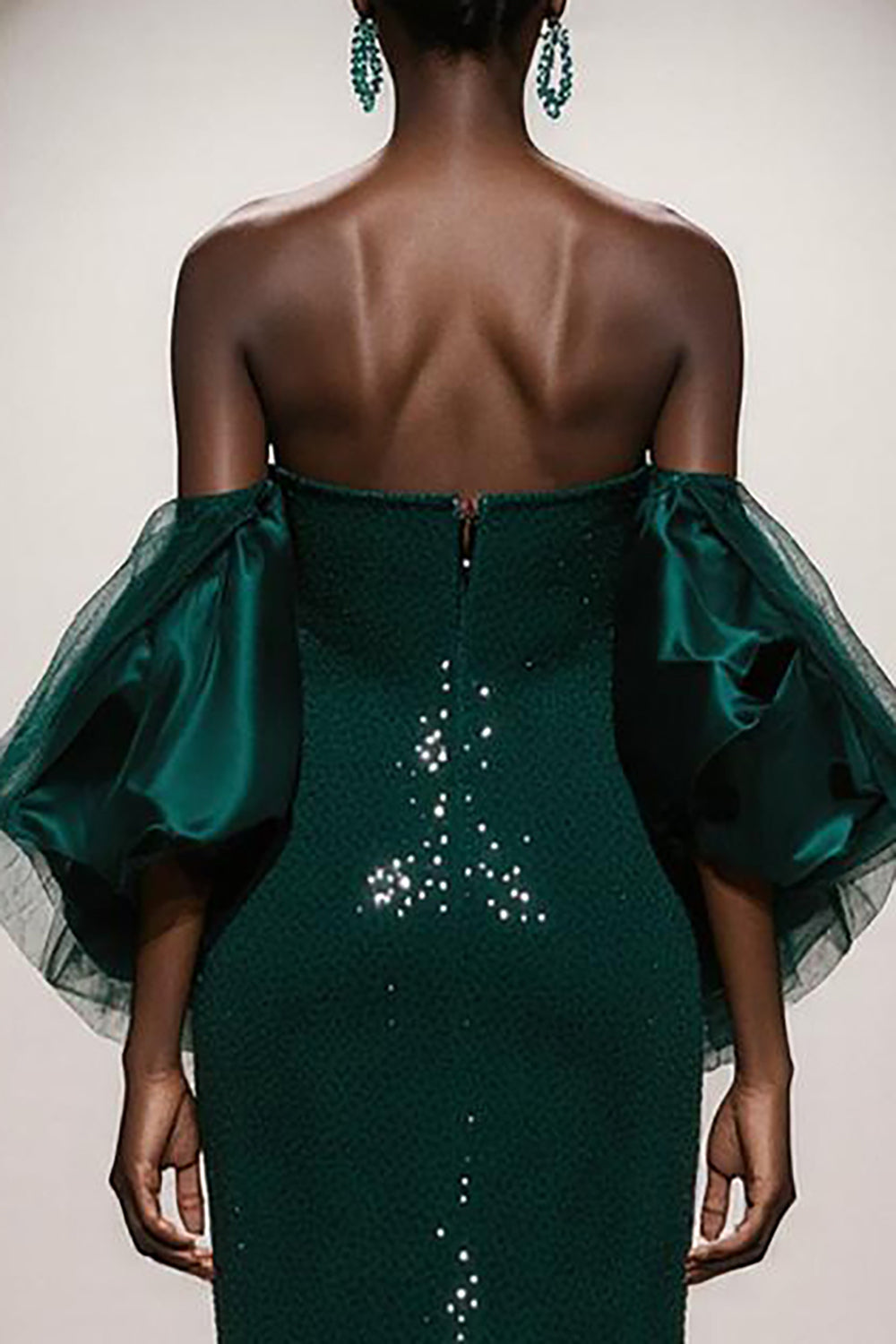 Sparkly Dark Green Strapless Mermaid Maxi Gala Dress With Puff Sleeves