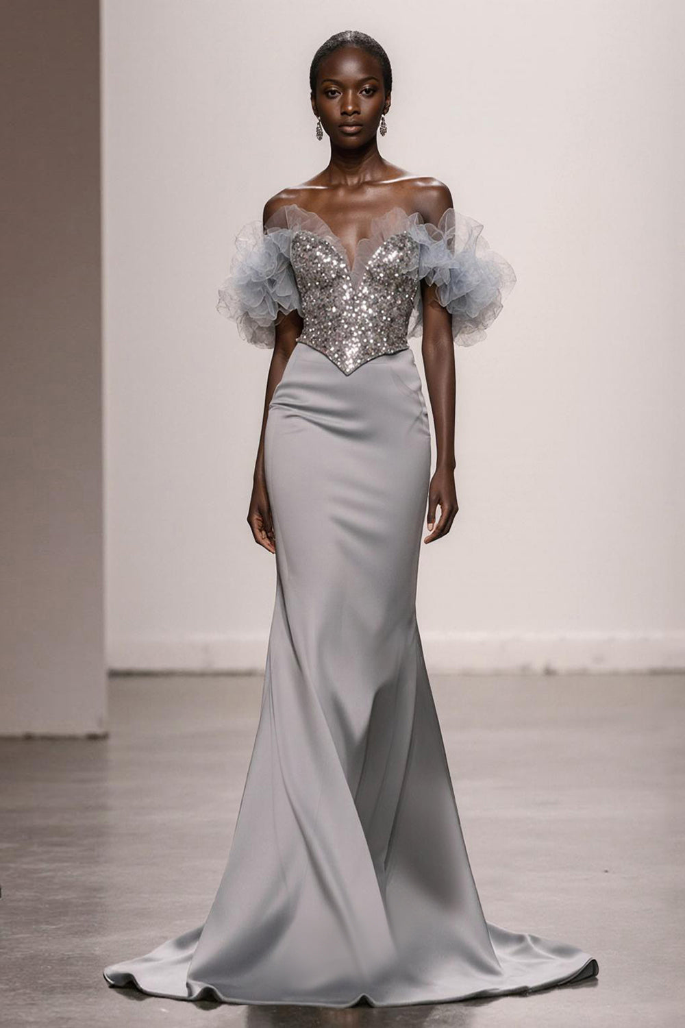 Silver Mermaid Off The Shoulder Gala Dress with Sequins