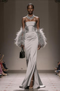 Strapless Mermaid Satin Silver Gala Dress (Without Feathers)