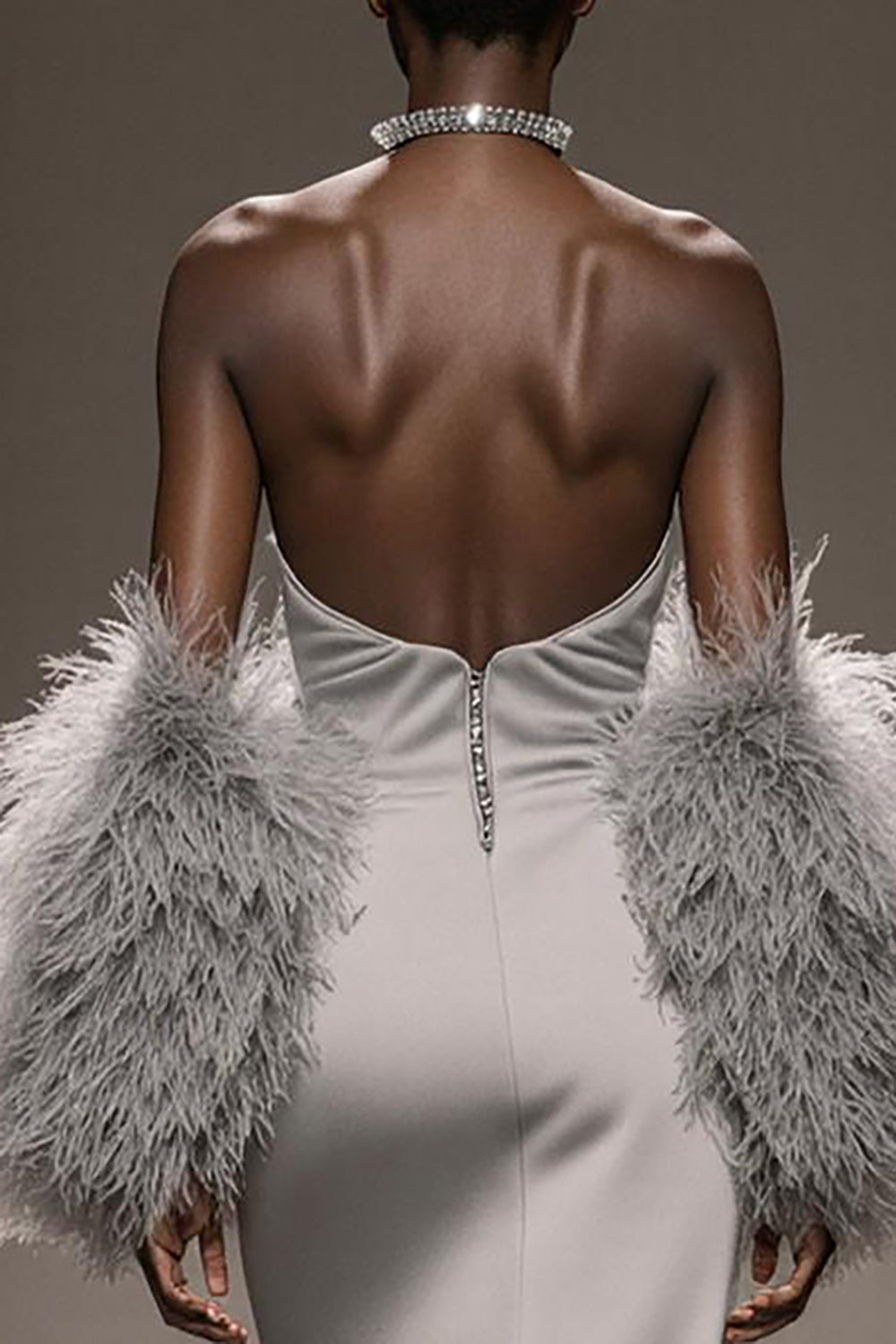 Strapless Mermaid Satin Silver Gala Dress (Without Feathers)