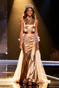 Champagne Mermaid Satin High Neck Maxi Pageant Dress