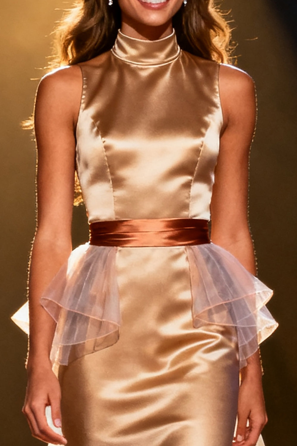 Champagne Mermaid Satin High Neck Maxi Pageant Dress