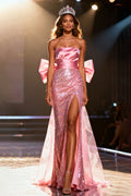 Sparkly Light Pink Strapless Bow Mermaid Pageant Dress With Slit