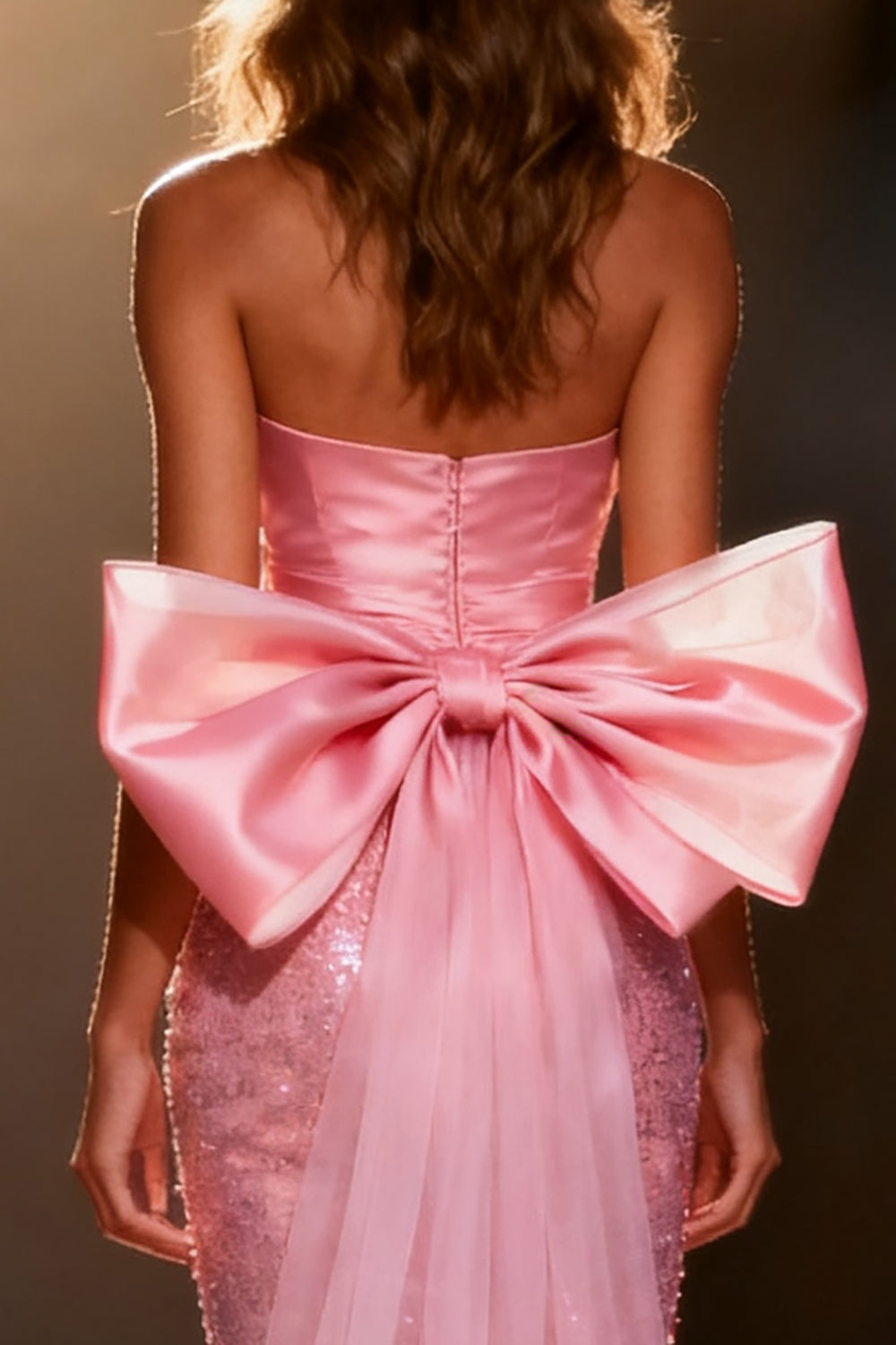 Sparkly Light Pink Strapless Bow Mermaid Pageant Dress With Slit