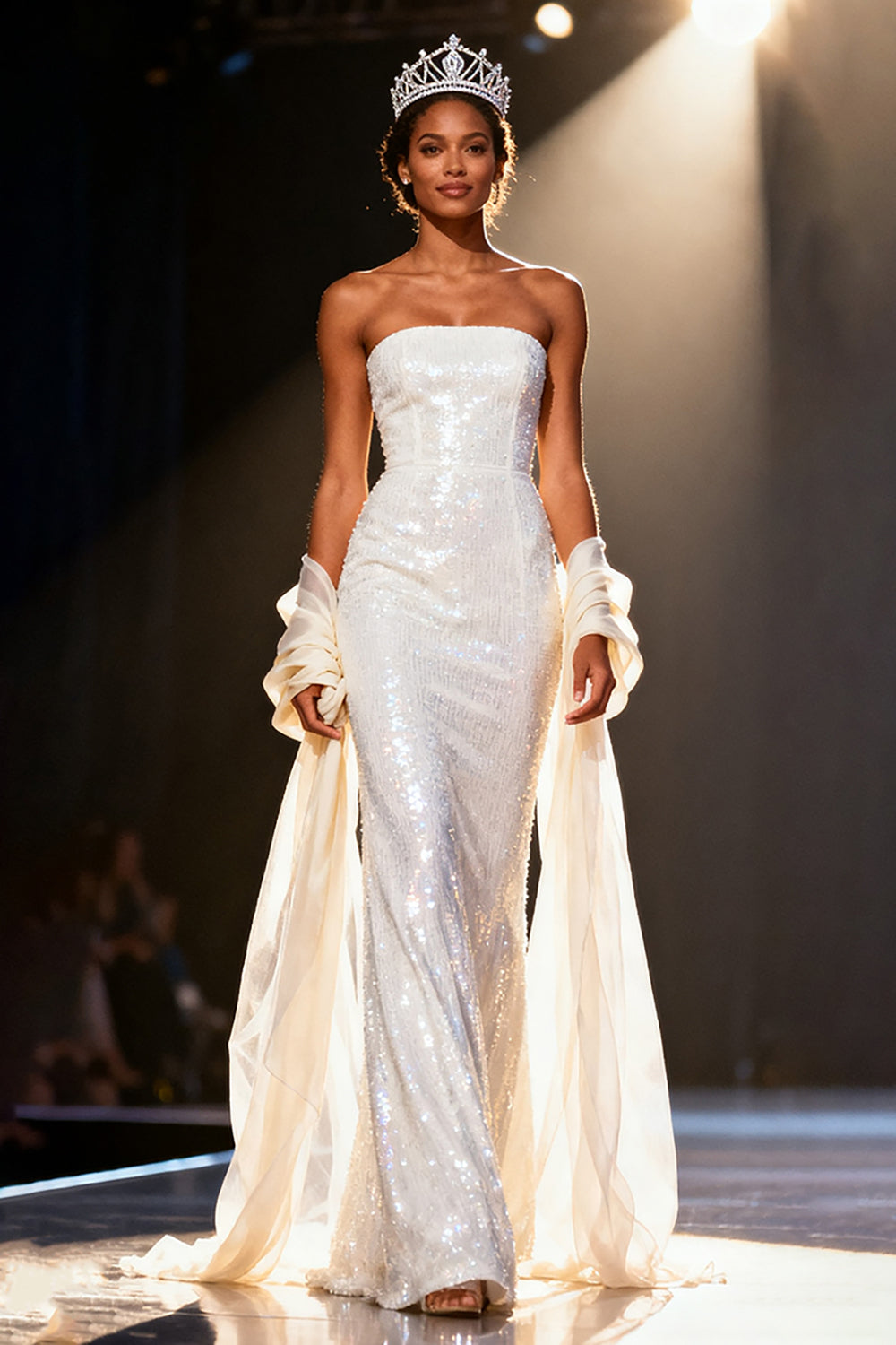 White Strapless Mermaid Sequin Maxi Pageant Dress With Drape