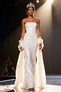White Strapless Mermaid Sequin Maxi Pageant Dress With Drape