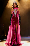 Fuchsia Velvet Mermaid Halter Pageant Dress With Slit