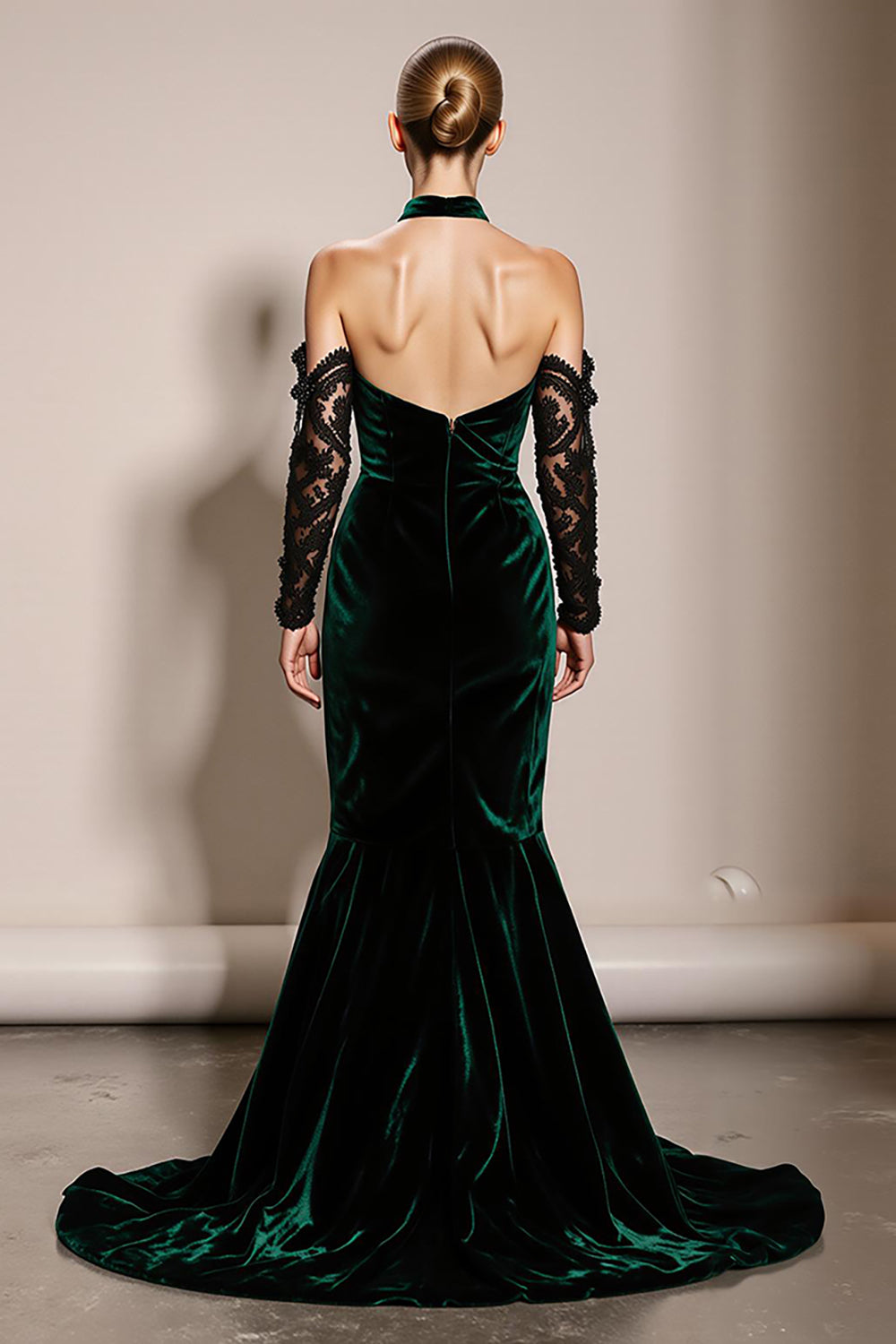 Dark Green Halter Velvet Mermaid Evening Dress (Without Sleeves)