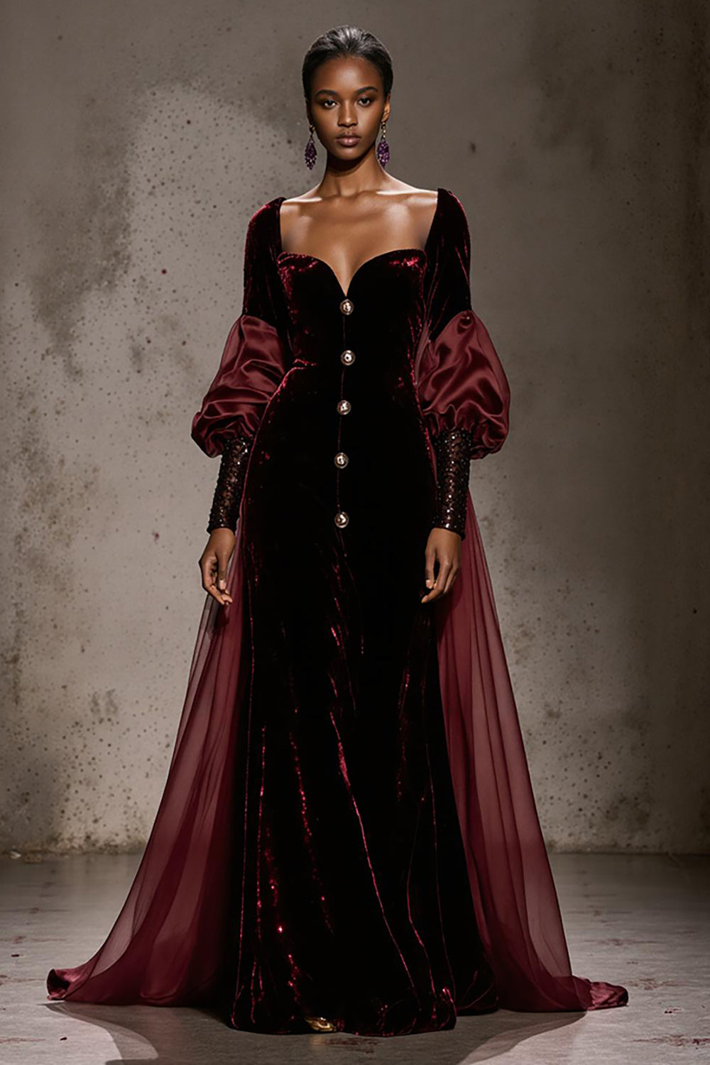 Burgundy Velvet Long Sleeve Evening Dress with Overlay