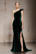 Mermaid One Shoulder Dark Green Velvet Evening Dress With Slit