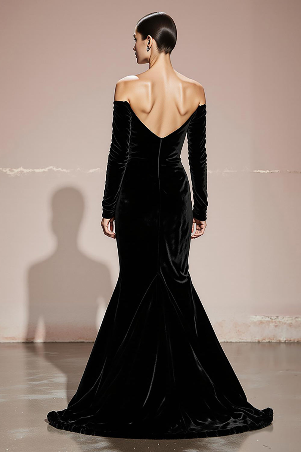 Off The Shoulder Velvet Black Mermaid Maxi Gala Dress with Long Sleeves