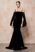 Black Mermaid Velvet Evening Dress With Cape