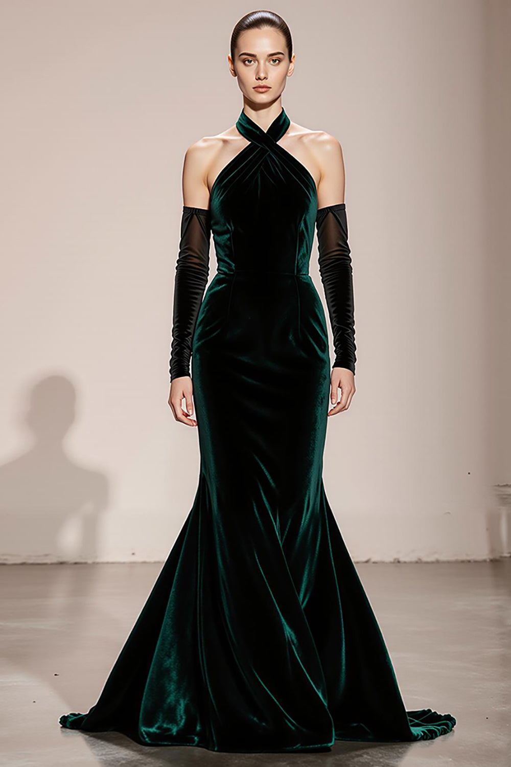 Velvet Halter Mermaid Dark Green Evening Dress